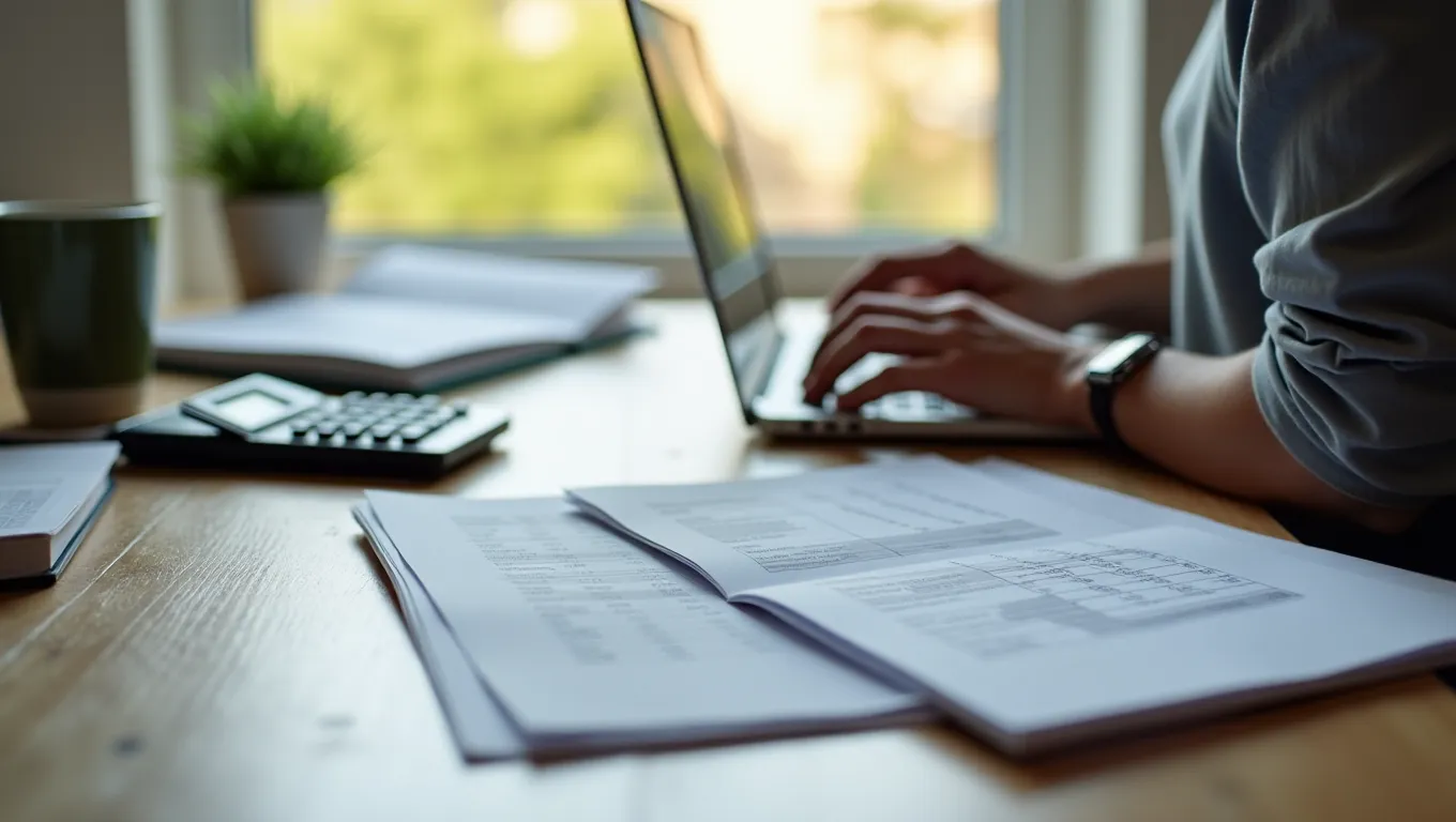 A person building a debt payoff spreadsheet at a desk with paper statements, a calculator, and a laptop open to a simple workbook