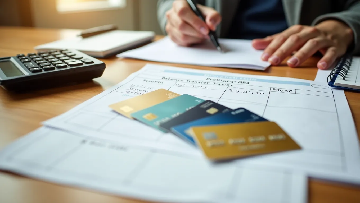 A focused credit card payoff planning desk with statements, a highlighted promo deadline, a balance transfer offer, and a handwritten payoff order