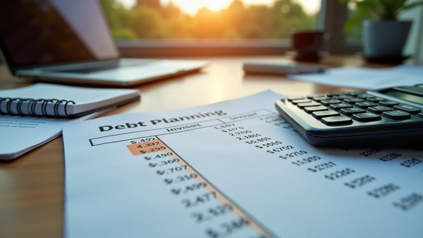 A rate-first debt payoff planning desk with an APR-ranked worksheet, calculator, statements, and an orange-highlighted high-interest card row
