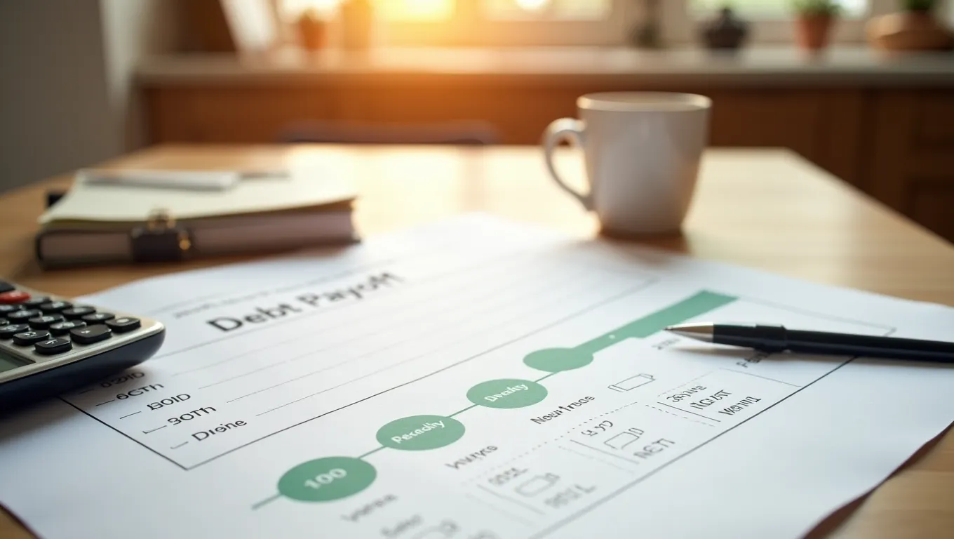 Debt payoff milestone roadmap on a kitchen table with monthly checkpoints and a marked debt-free date
