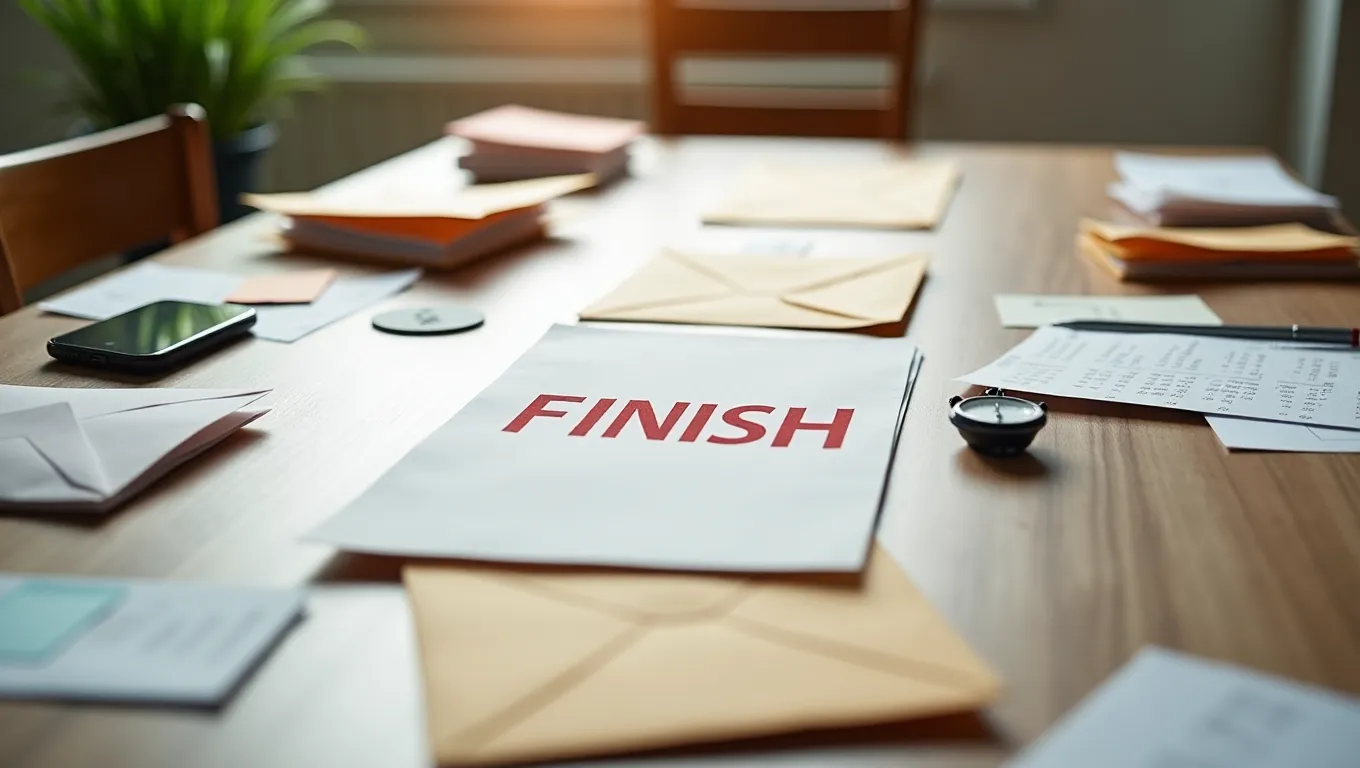 A debt payoff sprint scene with bills and payment envelopes arranged like a fast-moving path toward a finish line