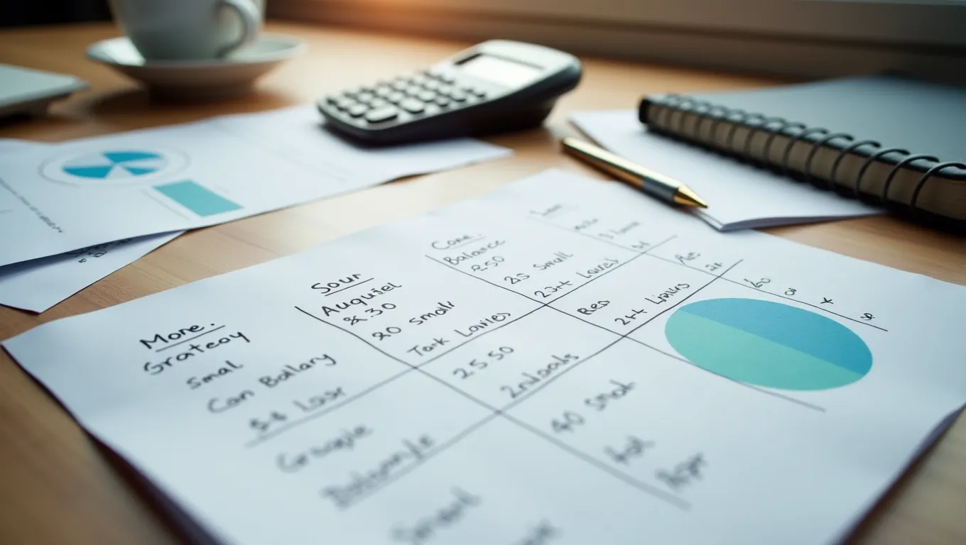 A focused debt payoff planning desk with a handwritten strategy comparison, calculator, statements, and one highlighted low-balance account