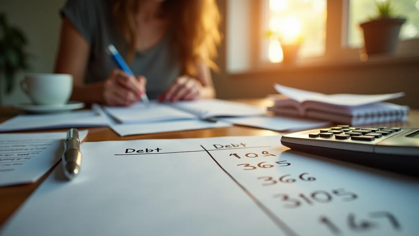 A kitchen-table debt snowball planning session with a printed payoff ladder, calculator, statements, and one crossed-off debt