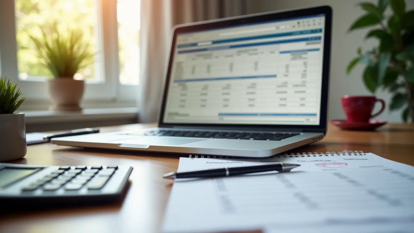 Laptop open to an Excel debt payoff workbook during a monthly money review with paper statements and a marked calendar