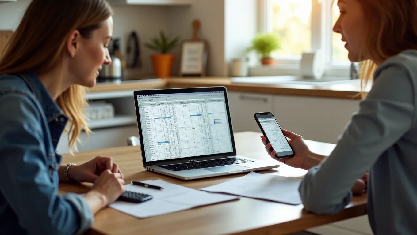 Two people reviewing a shared Google Sheets debt payoff tracker on a laptop and phone at a kitchen table with statements and a marked calendar