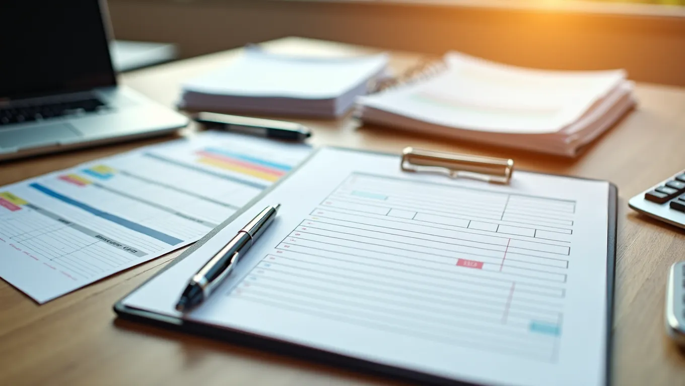 Printable debt payoff packet on a kitchen counter with a clipboard, progress board, calendar, calculator, and neatly stacked statements