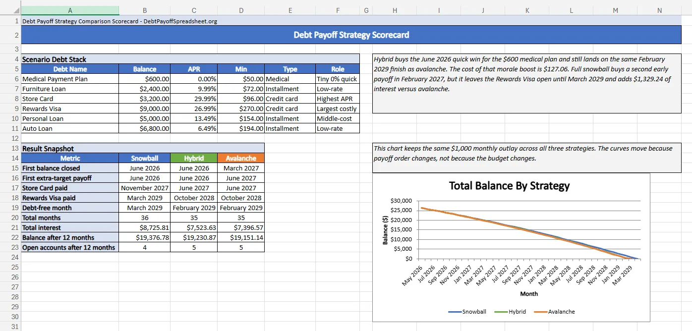Debt payoff strategy scorecard showing the six-debt scenario, payoff milestones, total interest, and balance trend for snowball, hybrid, and avalanche